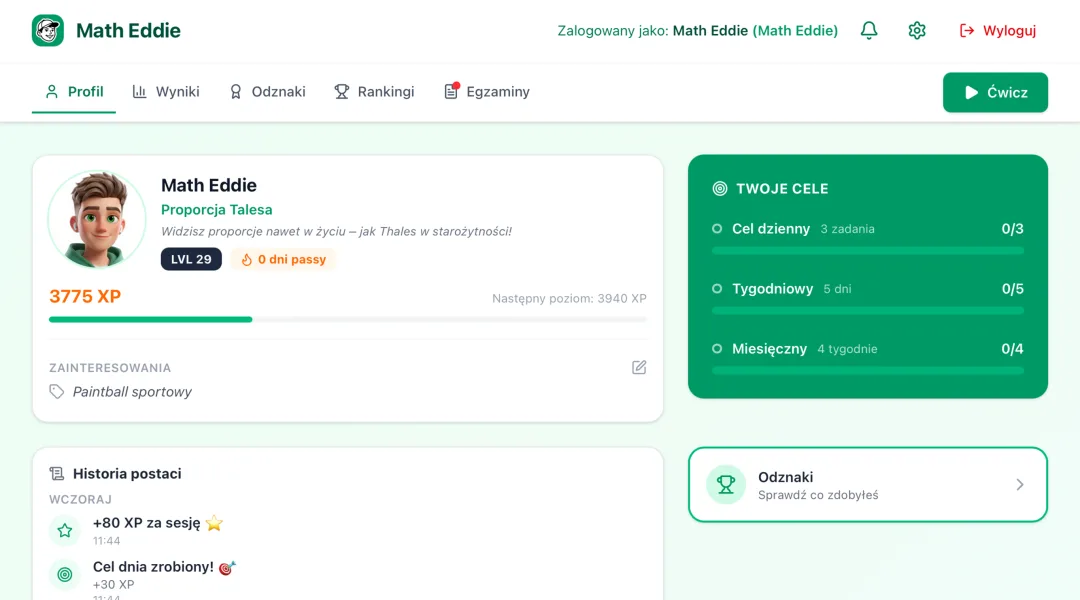 Math Eddie: profil ucznia z poziomem, celami i historią postaci