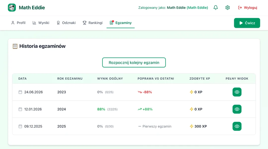 Math Eddie: historia egzaminów próbnych